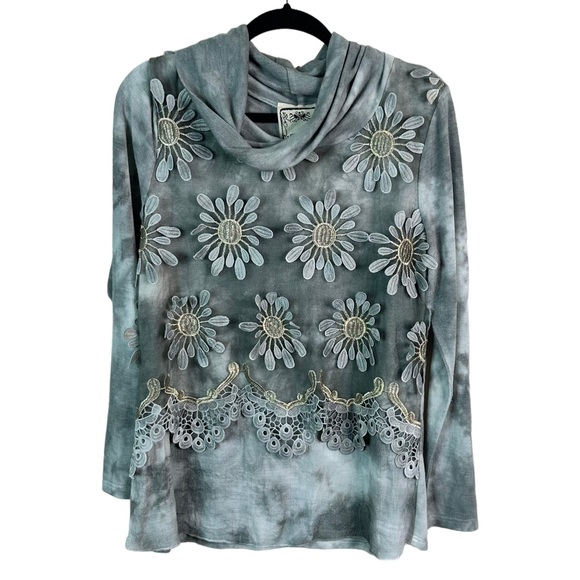 VINTAGE CONCEPT GRAY COWL NECK FLORAL EMBROIDERED TIE DYE SWEATER SIZE MEDIUM - Picture 1 of 7